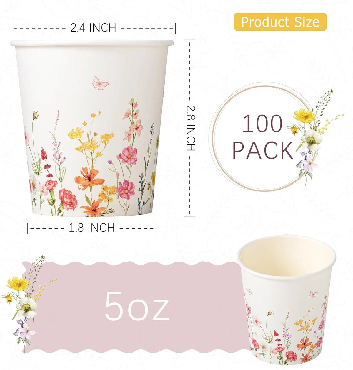 100 Pack Paper Bathroom Cups 5oz Disposable Elegant Floral Design