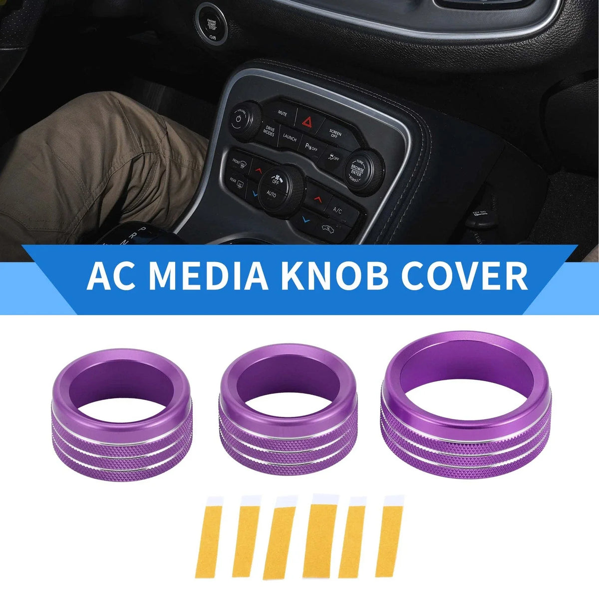 3X AC Media Tune Switch Knob Cover Ring for Dodge Challenger (2015–2019) Purple