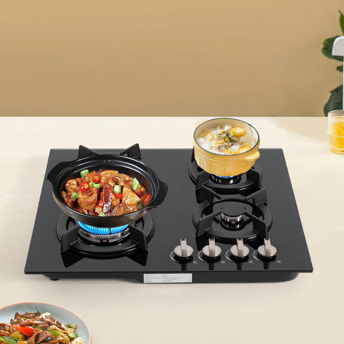 4-Burner Gas Cooktop for Kitchen (NG/LPG) - Tempered Glass Surface