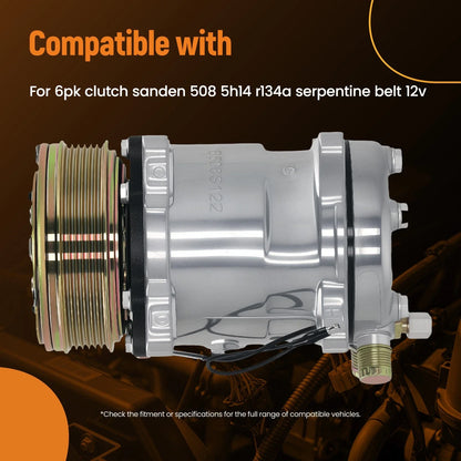 A/C Compressor with 6PK Clutch for Sanden 508 5H14 R134A (1990–2023)