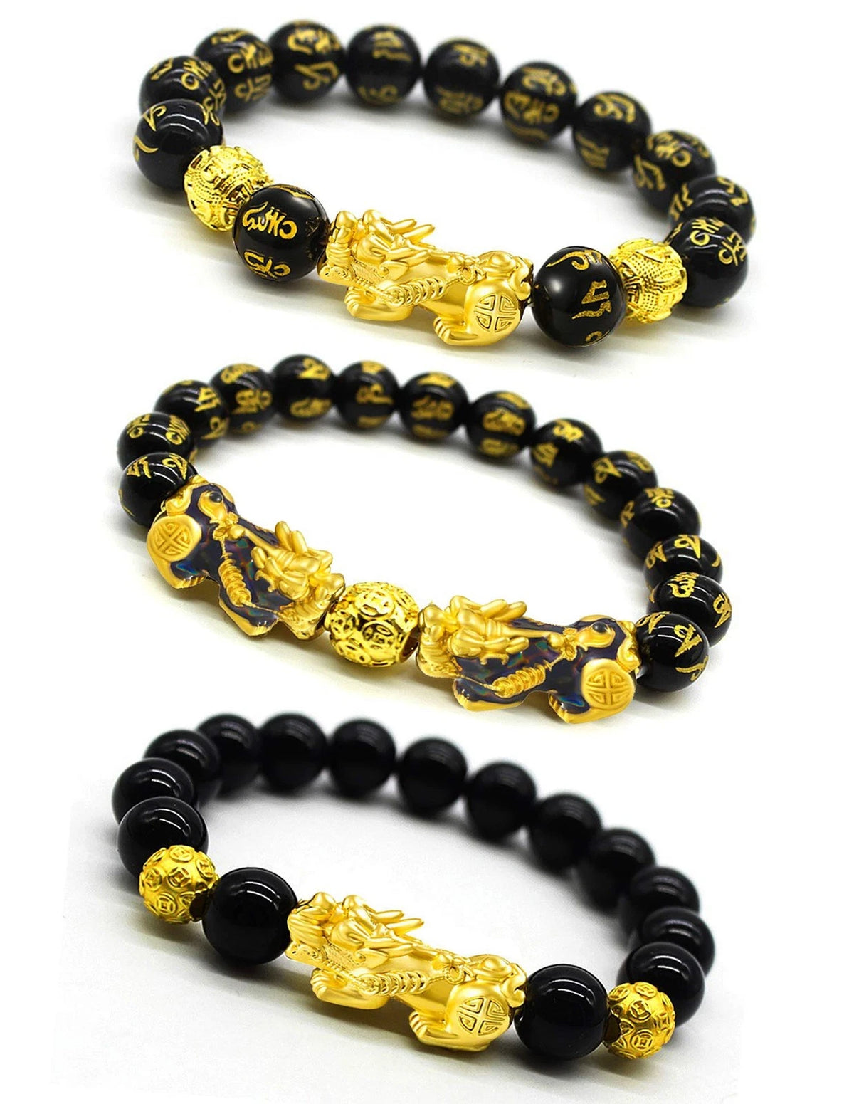 3 Pcs Obsidian Bracelets for Men Women - Feng Shui Good Luck 7 Inch
