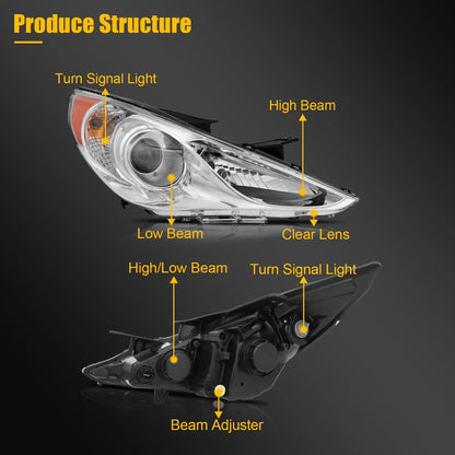 Headlight Assembly Pair for Hyundai Sonata (2011–2014) Chrome Projector