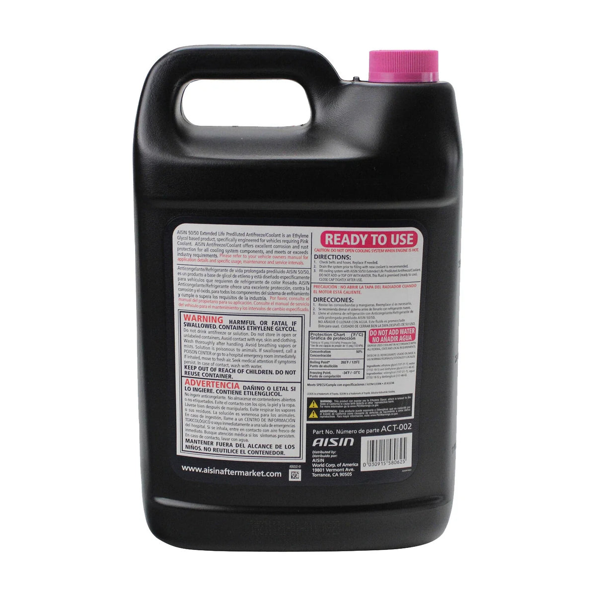 AISIN ACT-002 Engine Coolant Antifreeze 1 Gallon Pink 50/50 for Toyota Lexus