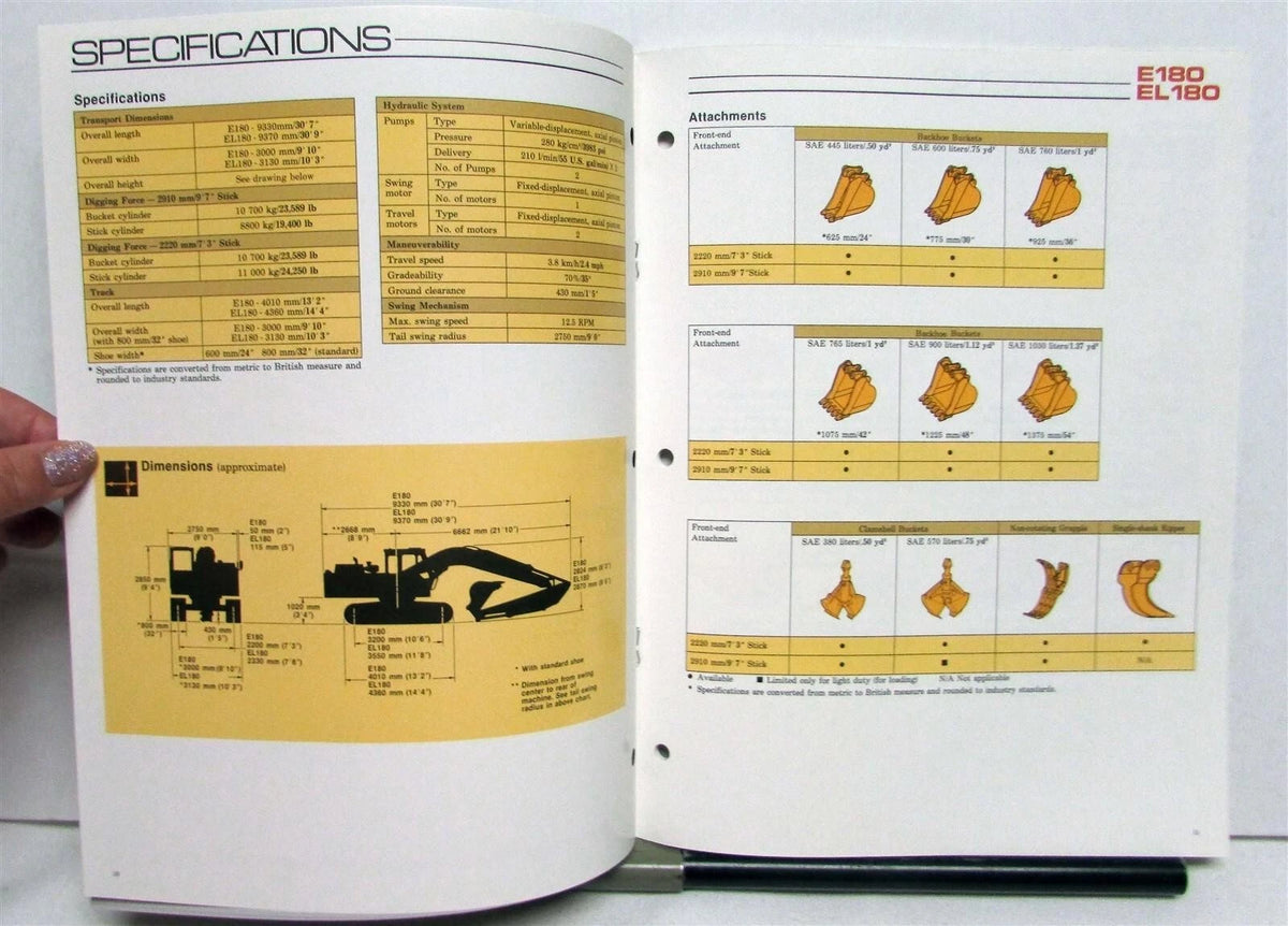 Excavator Sales Brochure for CAT E180 EL180 (1987)