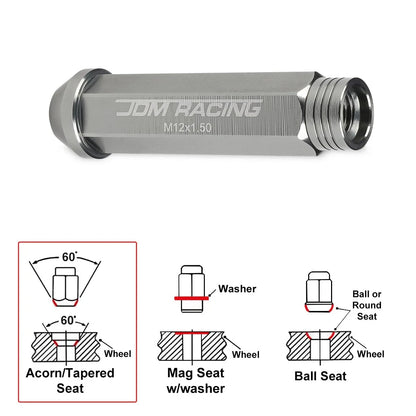 Set of 20 JDM M12X1.5 25mm OD 90mm Tall Gun Metal Open-End Lug Nuts + Key