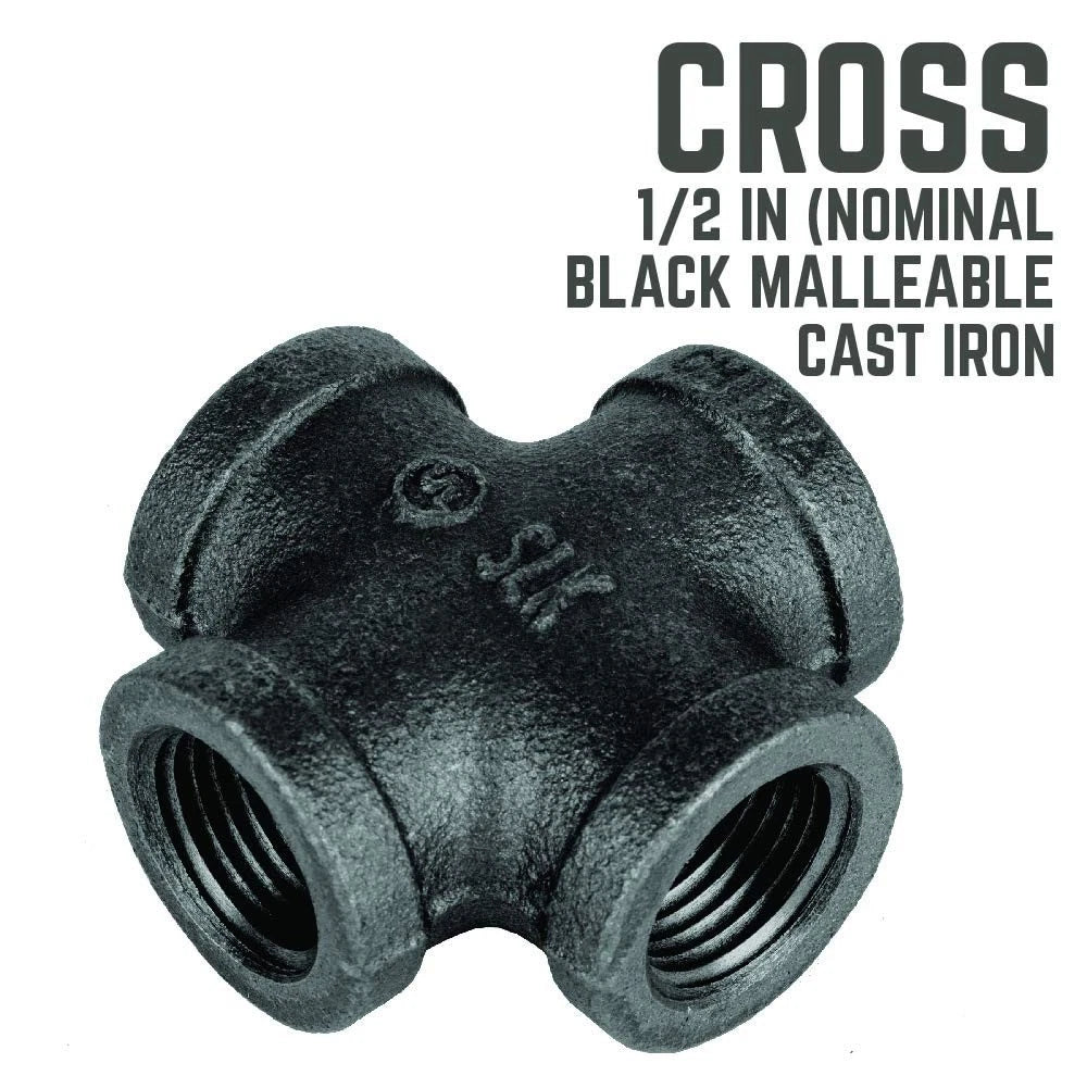 1/2" Cross Fitting for Pipe Decor Black Malleable Iron (No Part Numbers)