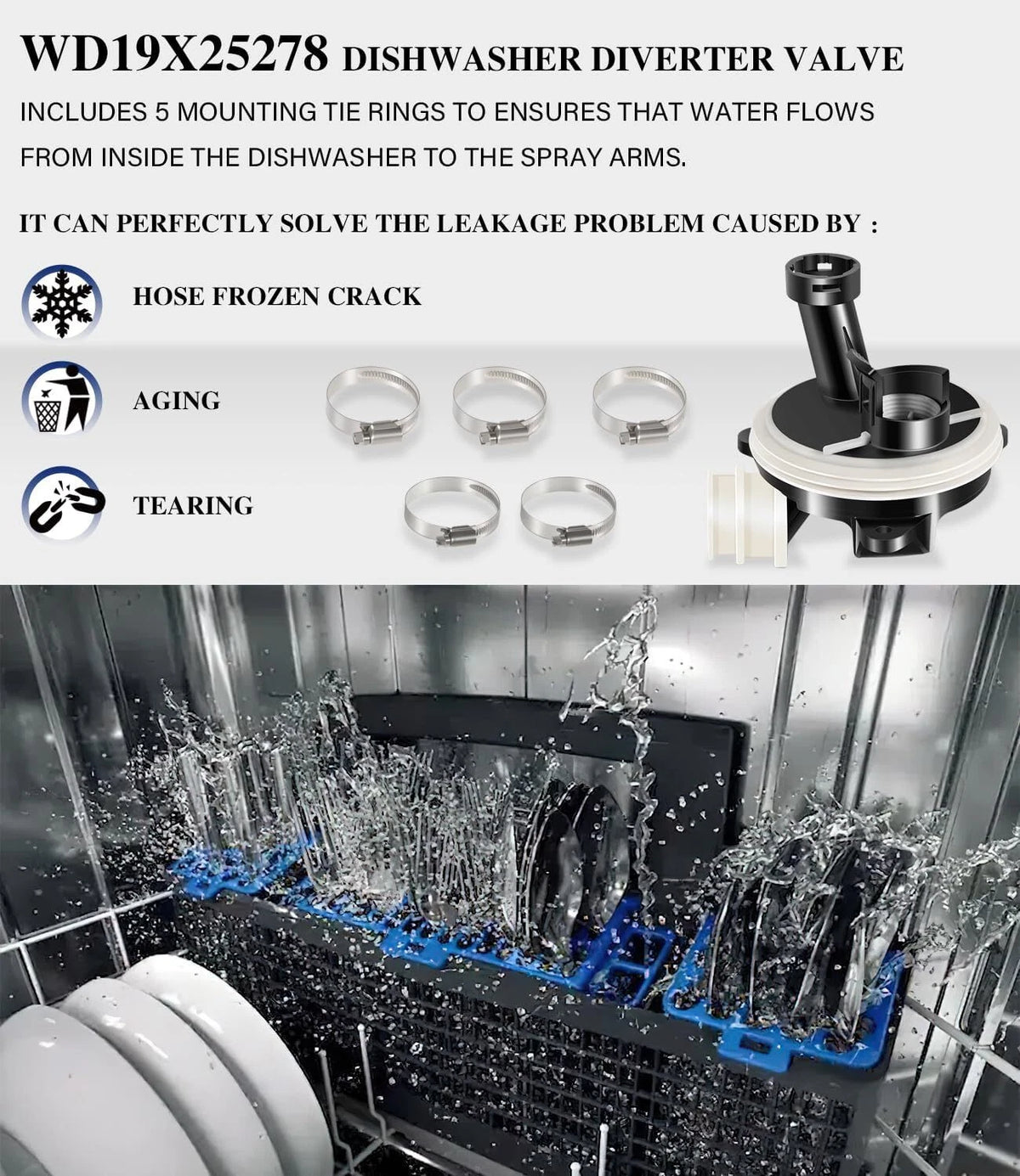 Diverter Valve Kit for GE, Whirlpool, Kenmore, Maytag, Amana Dishwashers