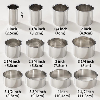 Set of 12 Stainless Steel Biscuit Cutters, Round 4.72" - Silver