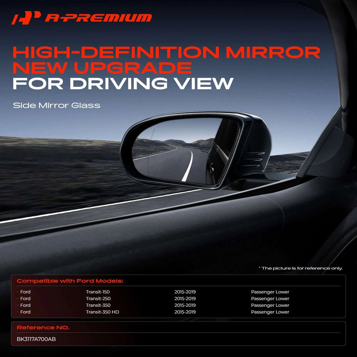 Lower Power Mirror Glass for Ford Transit-150 250 (2015–2019) BK3117A700AB