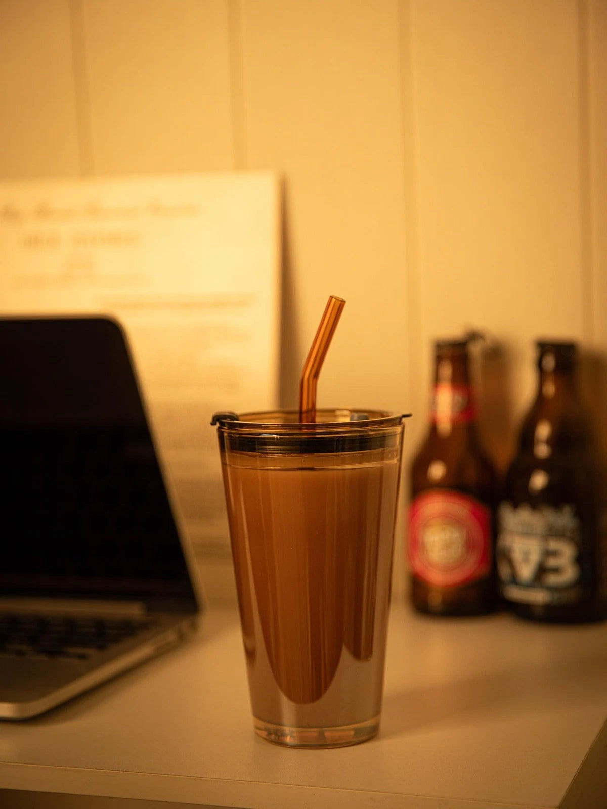 15oz Glass Tumbler with Straw and Lid for Iced Coffee (No Part Numbers)