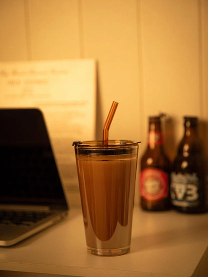 15oz Glass Tumbler with Straw and Lid for Iced Coffee (No Part Numbers)