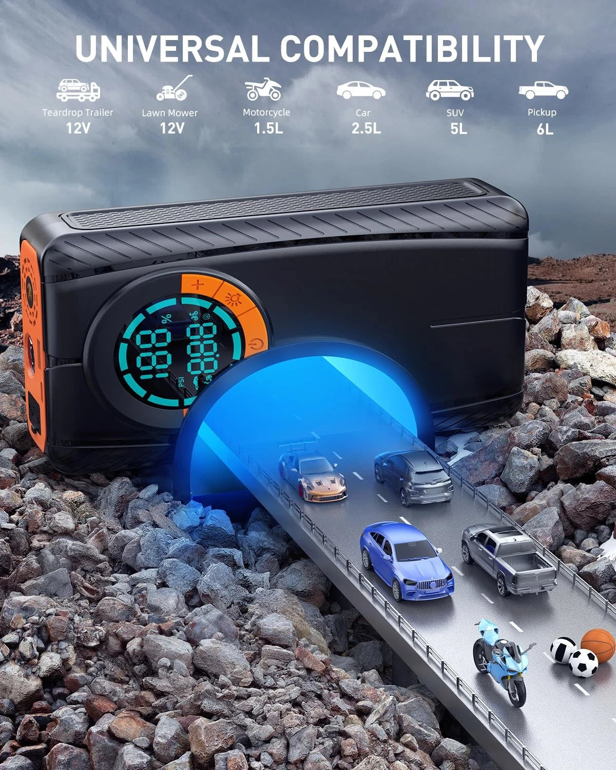 Portable Car Jump Starter with Air Compressor & LED Light for Universal Use