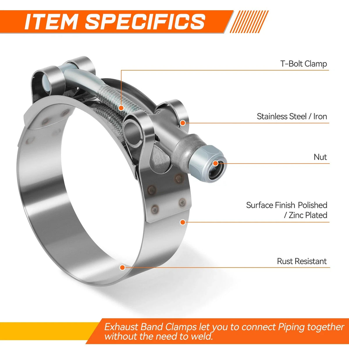 Set of 8 Stainless Steel T-Bolt Clamps for Turbo Intake (Universal)