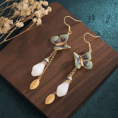 Set of 2 Bohemian Drop Dangle Earrings Flower Gemstone Butterfly Gold Plated