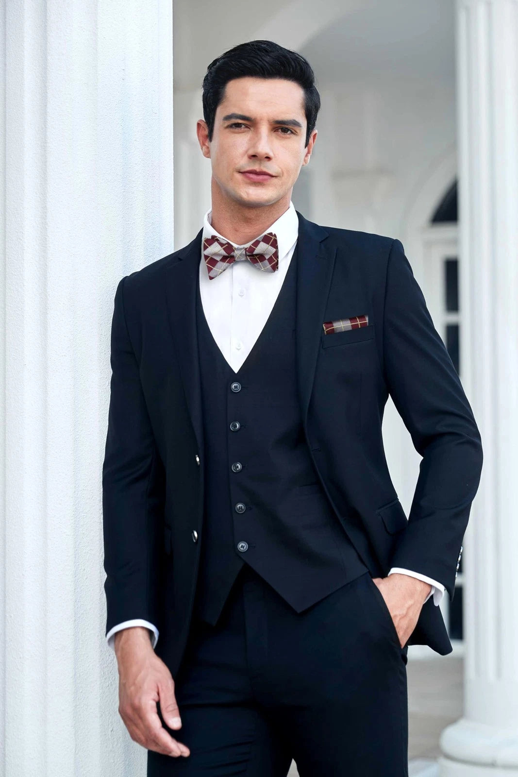 Burgundy Bow Ties for Men - Check Plaid Self Tie (One Size)