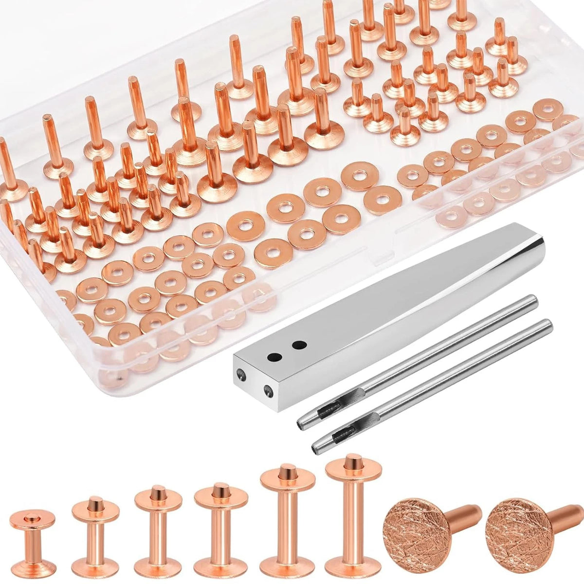Set of 56 Copper Rivets Leather Working Tool Kit with Setter & Hole Punch