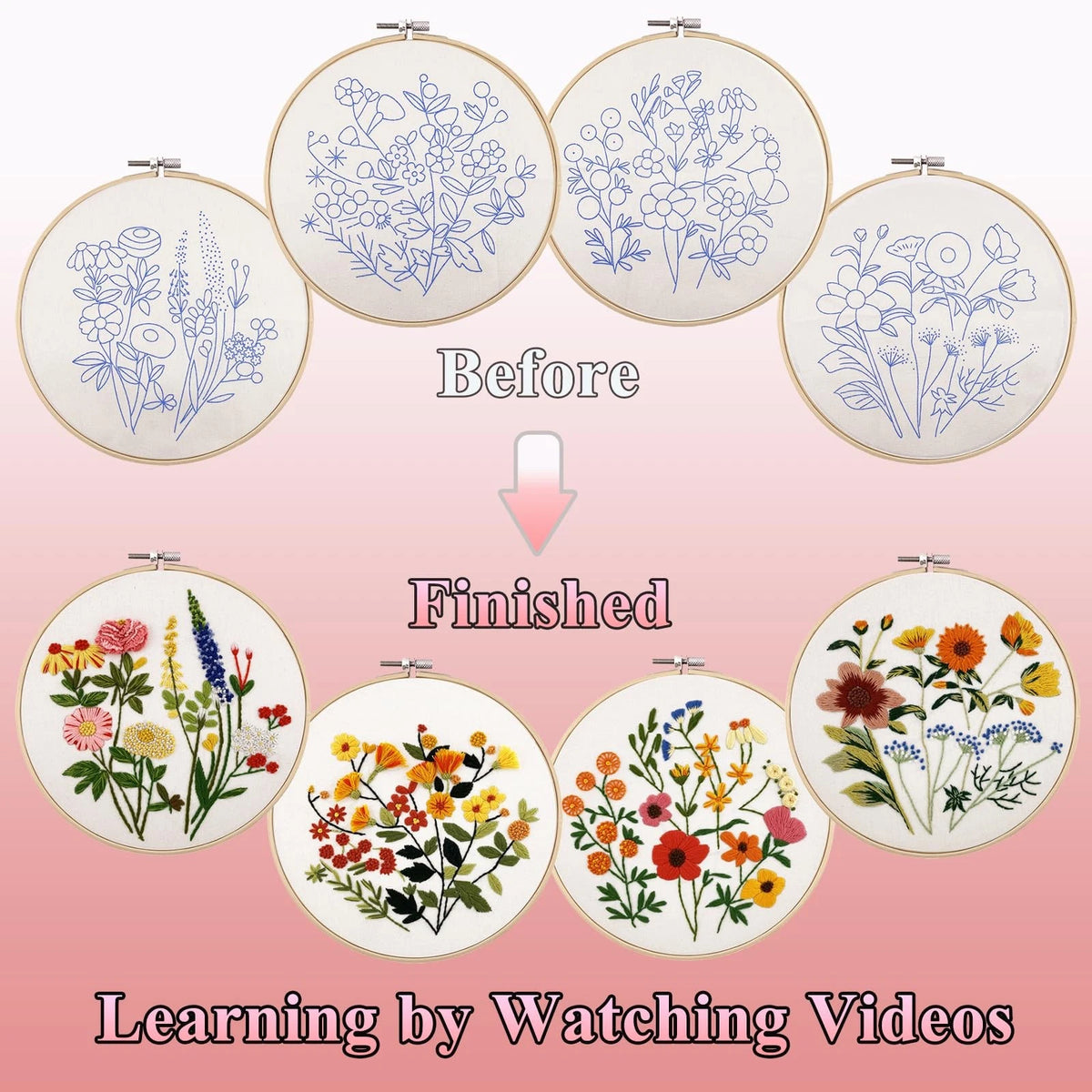 4 Sets Embroidery Kit for Beginners with Stitch Video, Flower Cross Stitch Kit