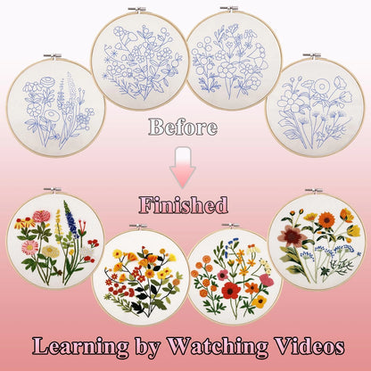 4 Sets Embroidery Kit for Beginners with Stitch Video, Flower Cross Stitch Kit