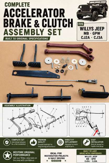 Set of 3 Accelerator Brake & Clutch Pedal Assemblies for Willys Jeep MB GPW CJ2A CJ3A (A405, A8253, A495)