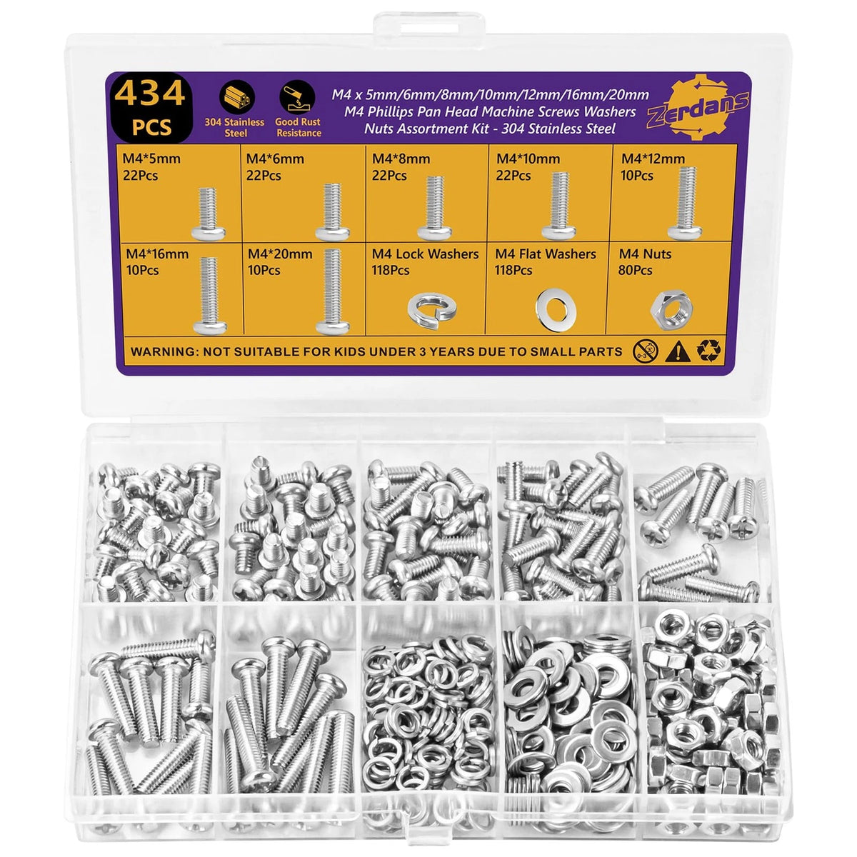 434PCS M4 Machine Screws Assortment Kit, 304 Stainless Steel
