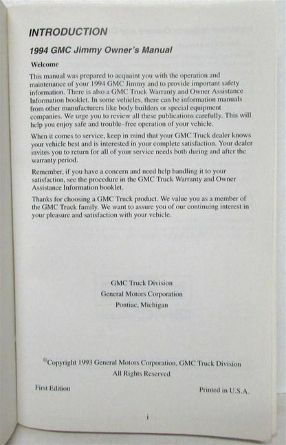 Owners Manual for GMC Truck Jimmy (1994)
