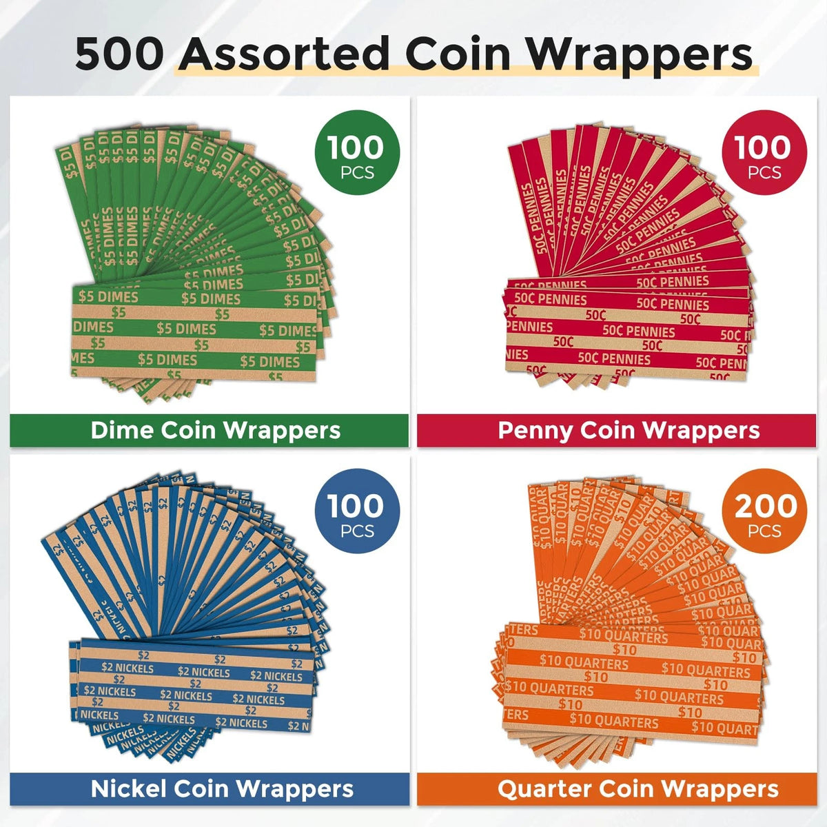 500 Coin Wrappers Assorted Flat Stripped Roll