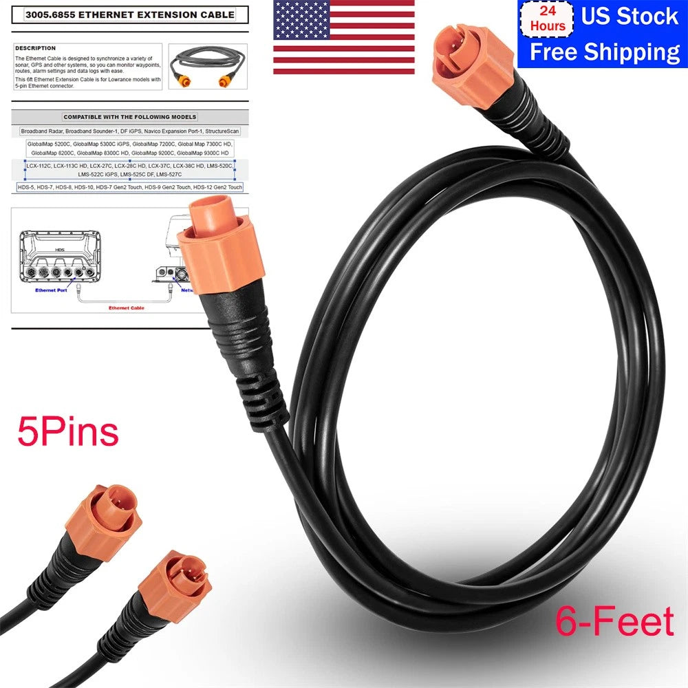5-Pin Yellow Ether Connector for Lowrance Ethernet Cable (6 Feet)
