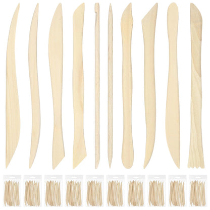 Set of 10 Beech Clay Sculpting Tools for Pottery