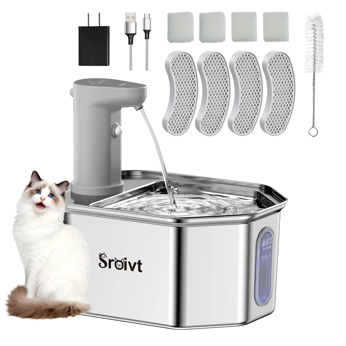Cordless Cat Water Fountain for Cats (Stainless Steel)