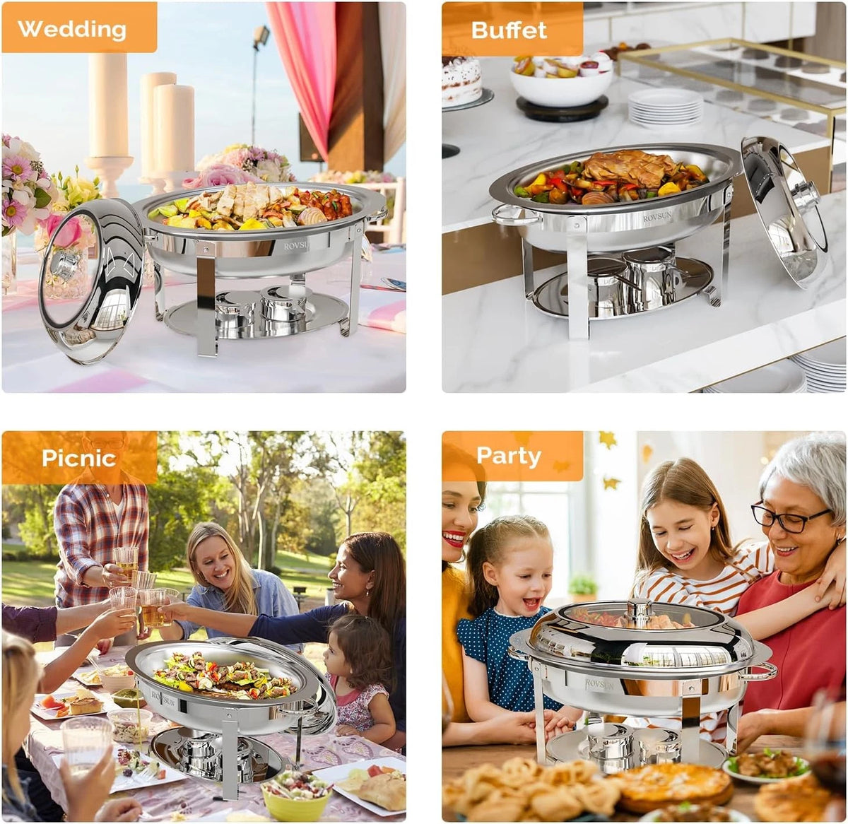 4 Pack Oval Chafing Dish 6QT Stainless Steel with Glass Lid