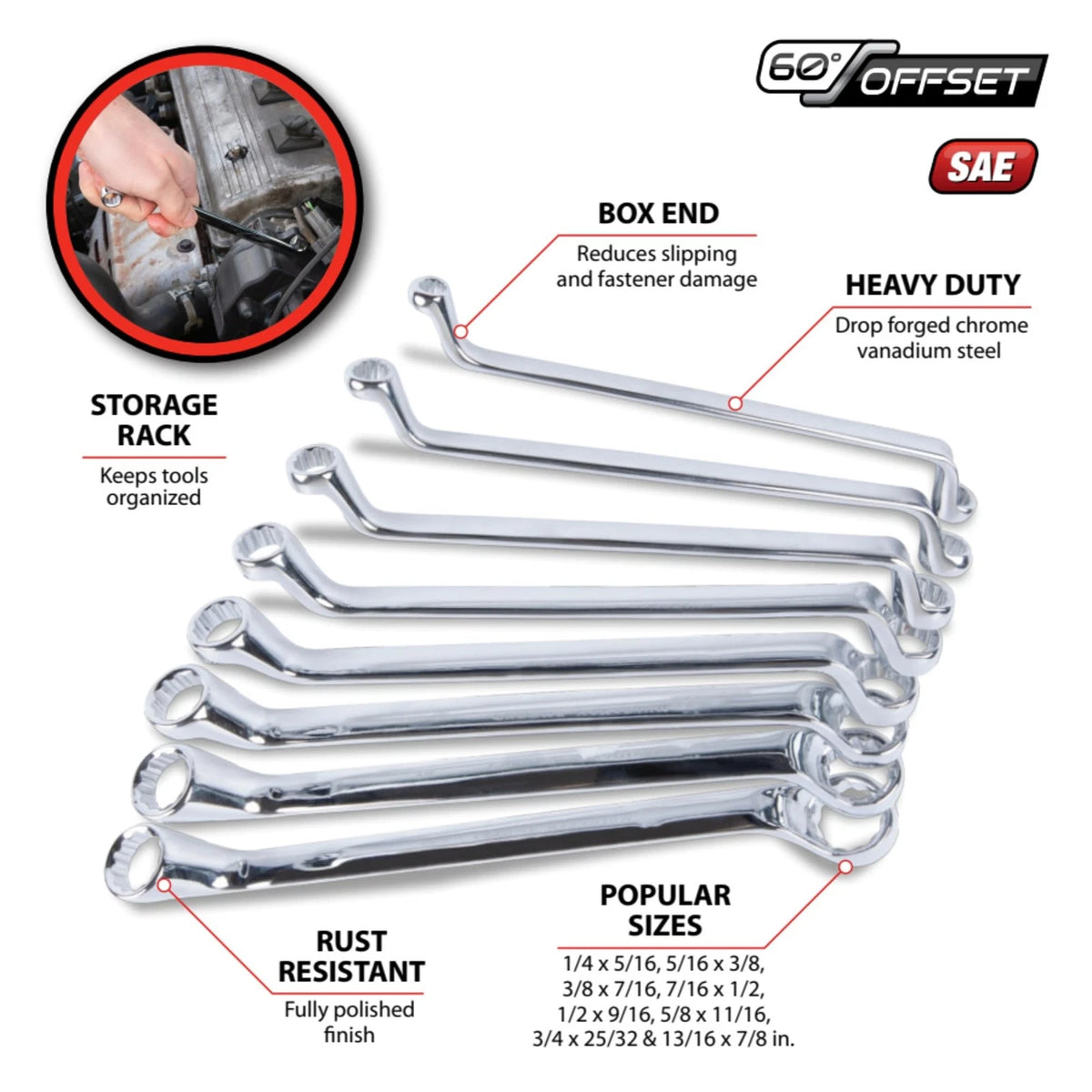 8Pc Offset SAE Box Wrench Set for Performance Tool W1085