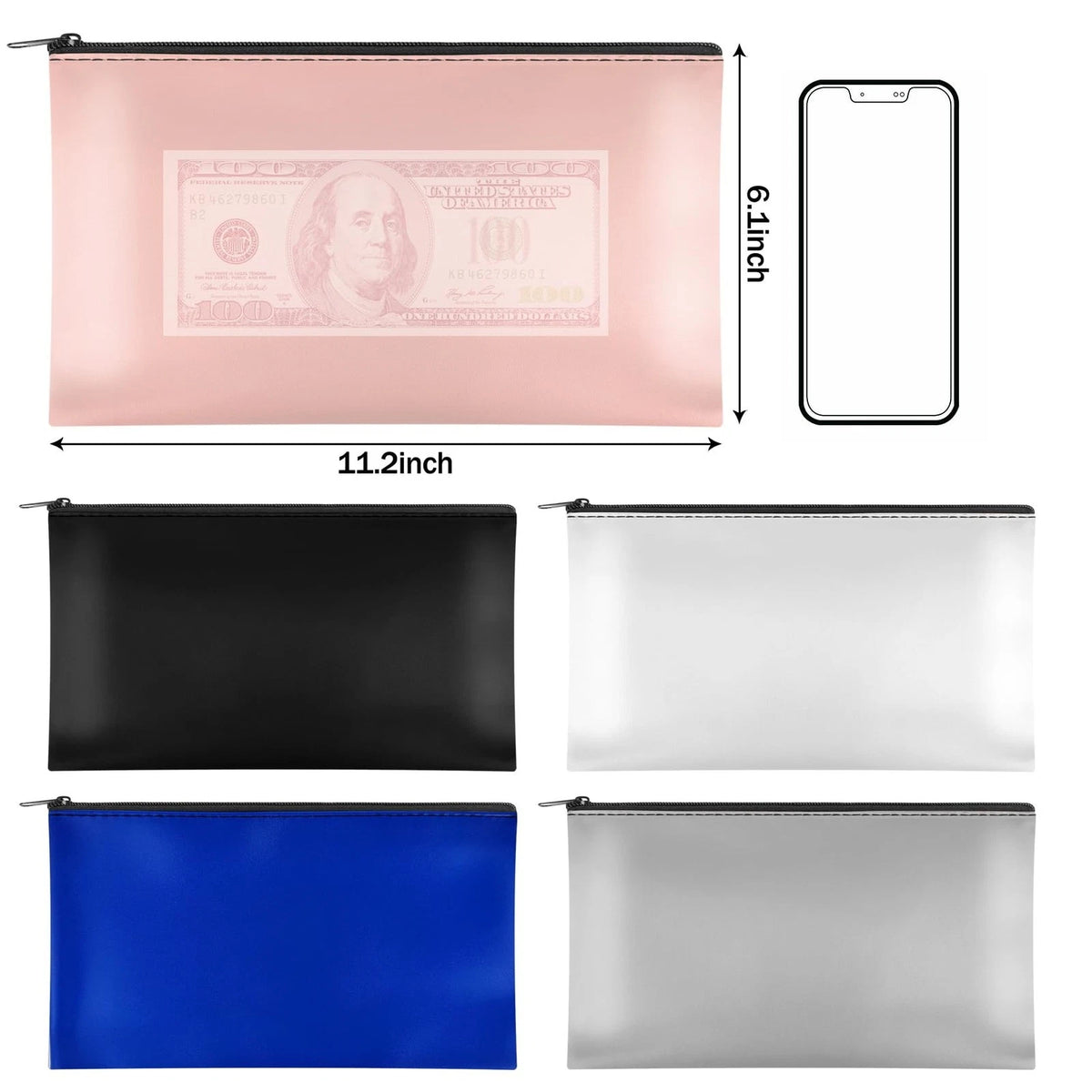 Money Bag with Zipper for Multi-purpose Use (11x6.1 inch) - Pink