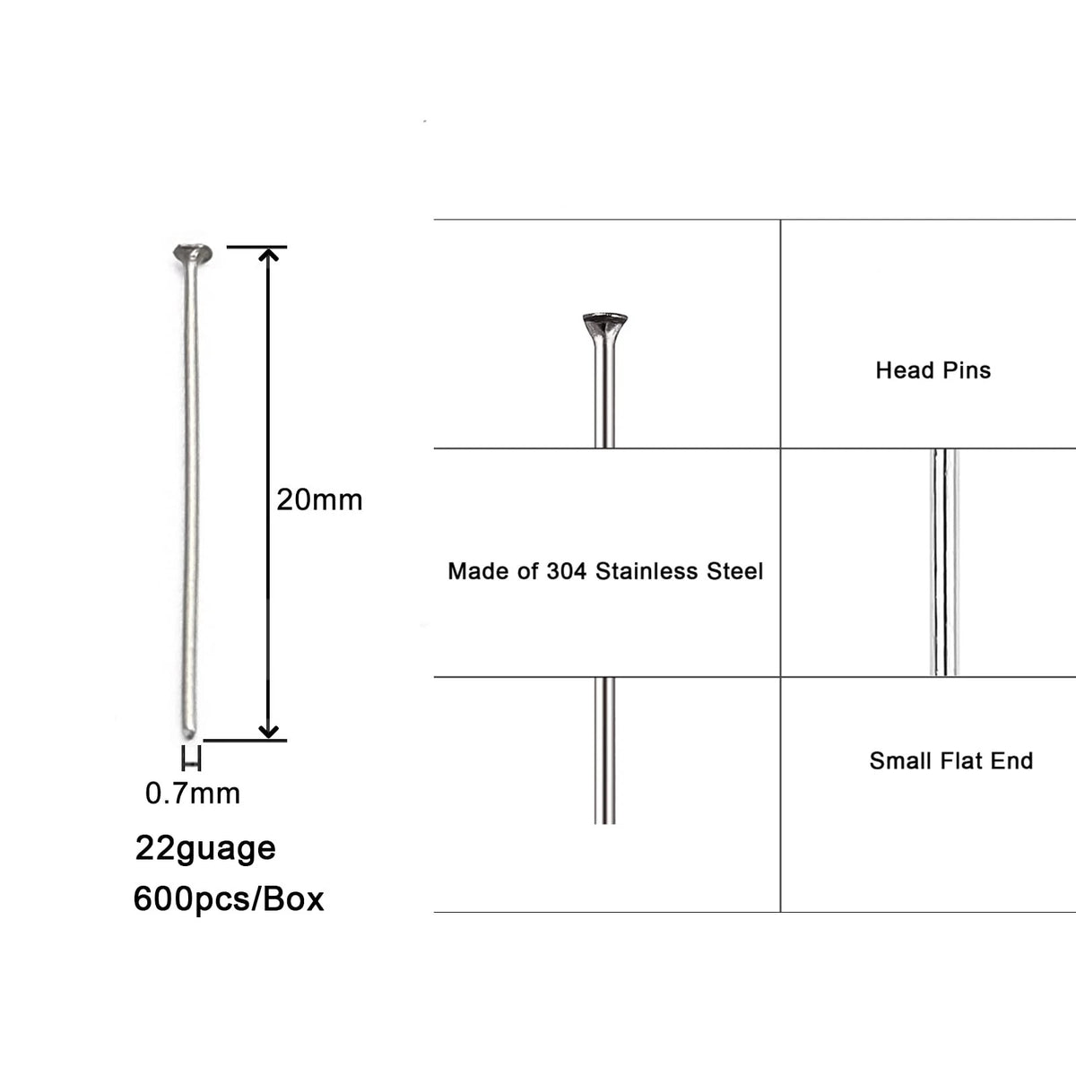 600pcs 304 Stainless-Steel Head Pins for Jewelry (0.7x20mm, Silver)