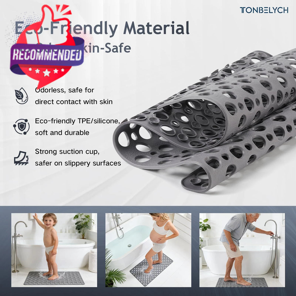 Non-Slip Bathtub Mat 30" x 17" Extra Thick Safety Pad - Grey