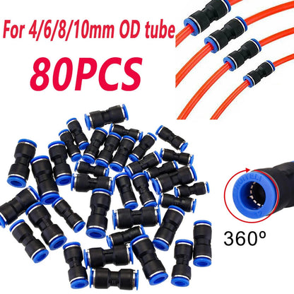 Set of 80 Air Pneumatic Push-in Connectors 1/4" 5/16" 3/8" 1/2" 4/6/8/10mm