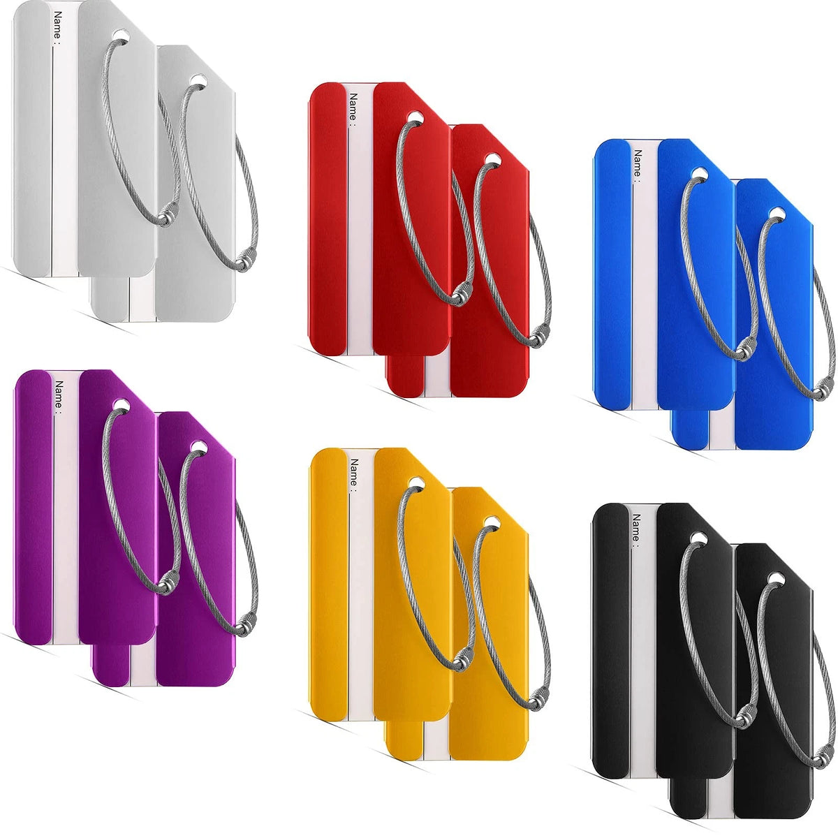 Set of 12 Luggage Tags - Red, Silver, Black, Blue, Purple, Gold