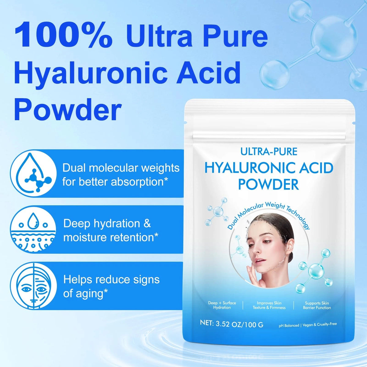 Hyaluronic Acid Powder for Face (Pack of 1) - Dual Molecular Weight 3.52 Fl Oz