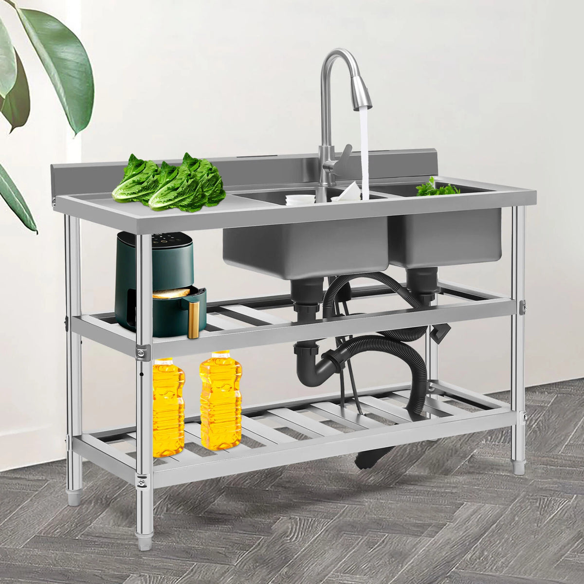 3 Tier Stainless Steel Utility Prep Sink for Commercial Use (2 Compartment)