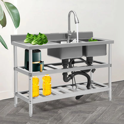3 Tier Stainless Steel Utility Prep Sink for Commercial Use (2 Compartment)