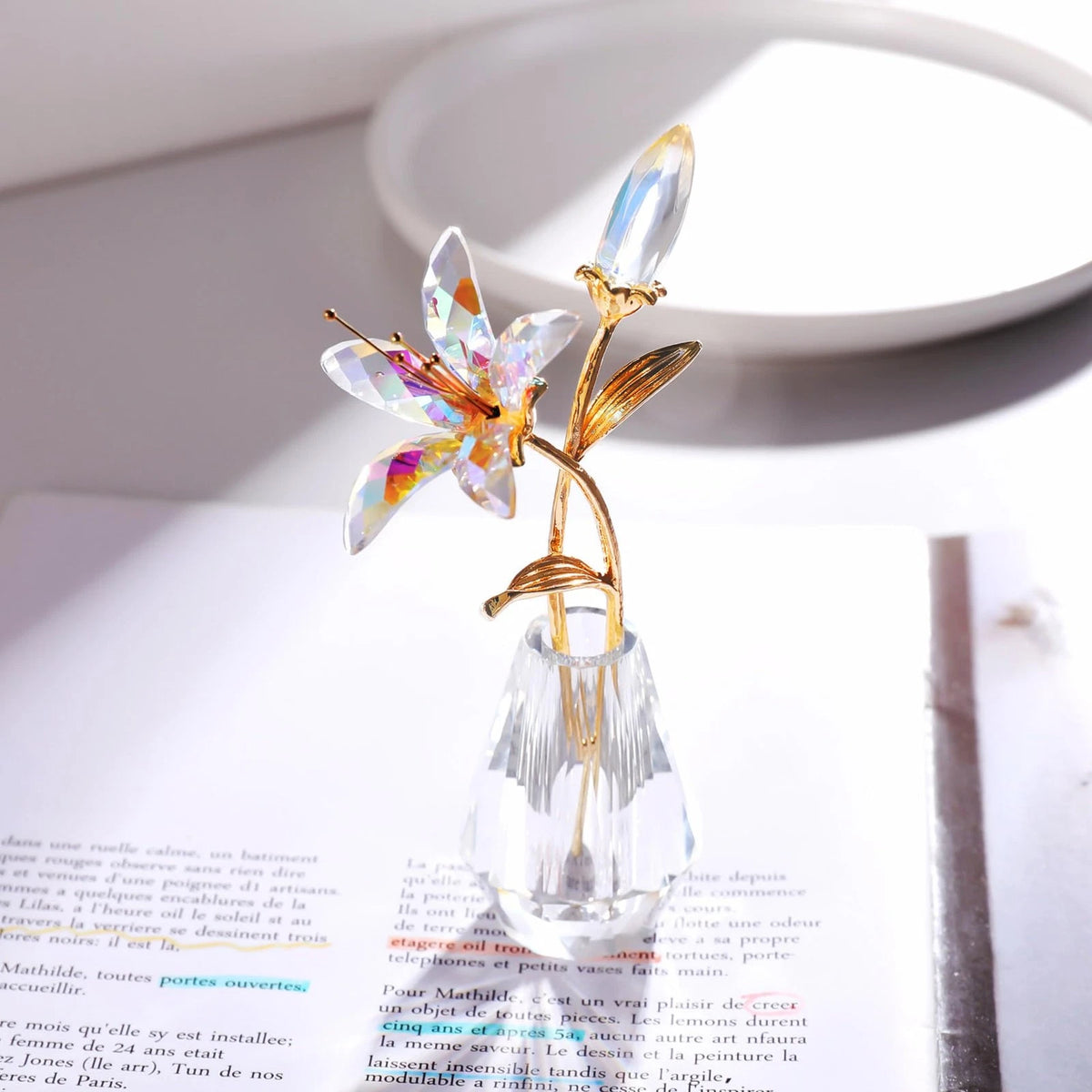 Set of 2 Handmade Crystal Lily Flower Figurines for Home Decor
