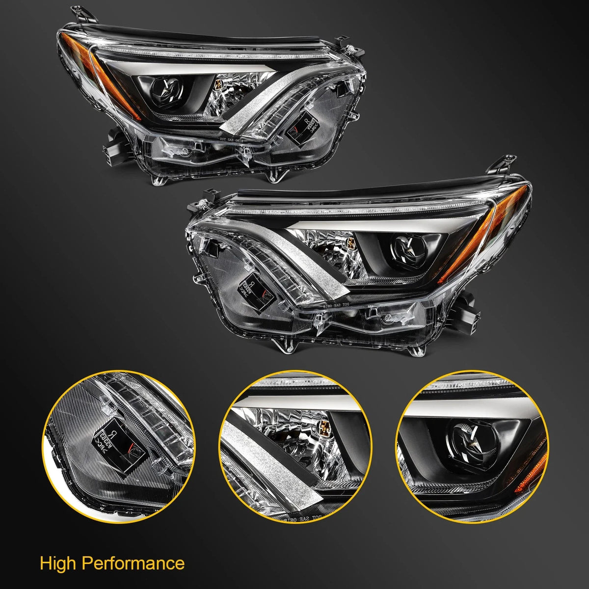 Pair Headlight Assembly for Toyota RAV4 (2016–2018) with LED DRL Black Housing