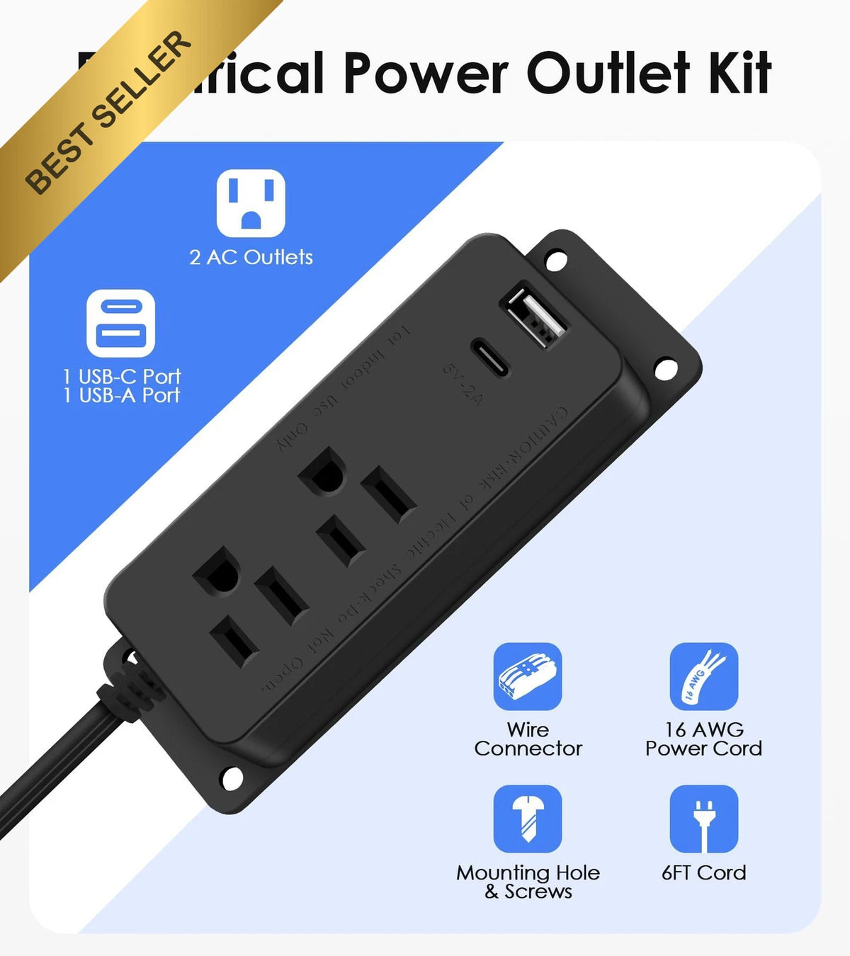 Power Outlet Kit with USB C Port for Gun Safe (6FT)