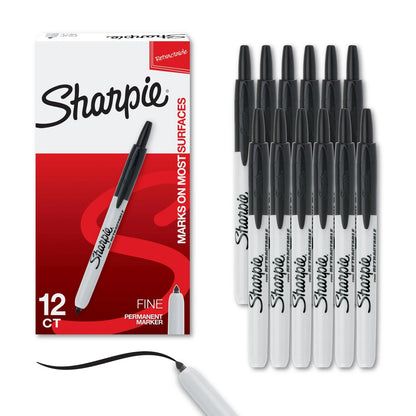 12X Fine Tip Retractable Permanent Markers for Various Uses (Black)