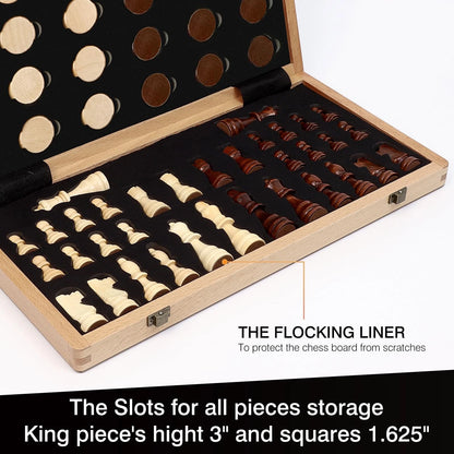 15" Wooden Chess and Checker Set - Walnut Black/Brown