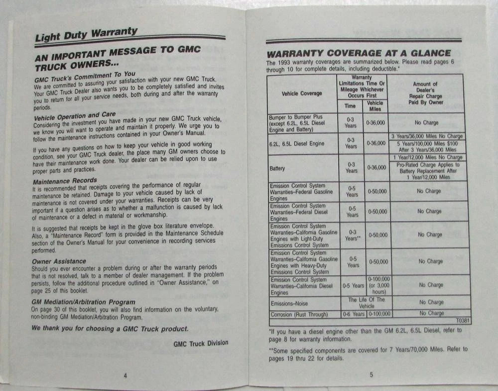 Warranty and Owner Assistance Information for GMC Truck and Chassis (1993)