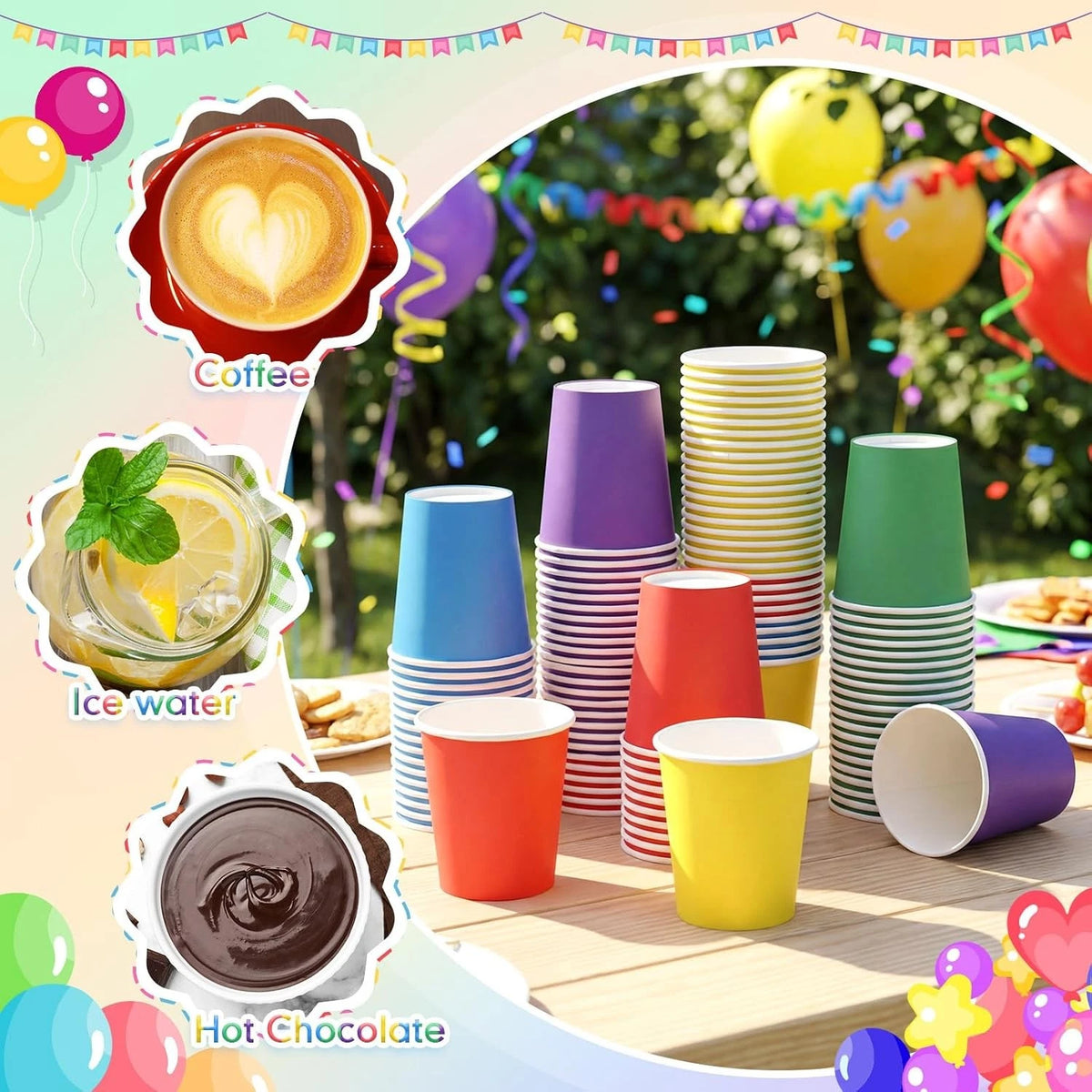 Set of 100 Rainbow Paper Cups 7 oz Disposable for Birthday Parties