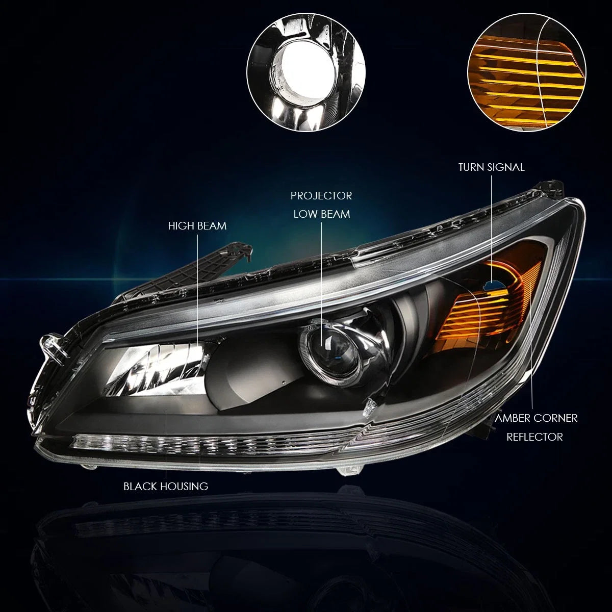 Projector Headlights for Honda Accord (2013–2015) Black Housing Amber Corner Pair