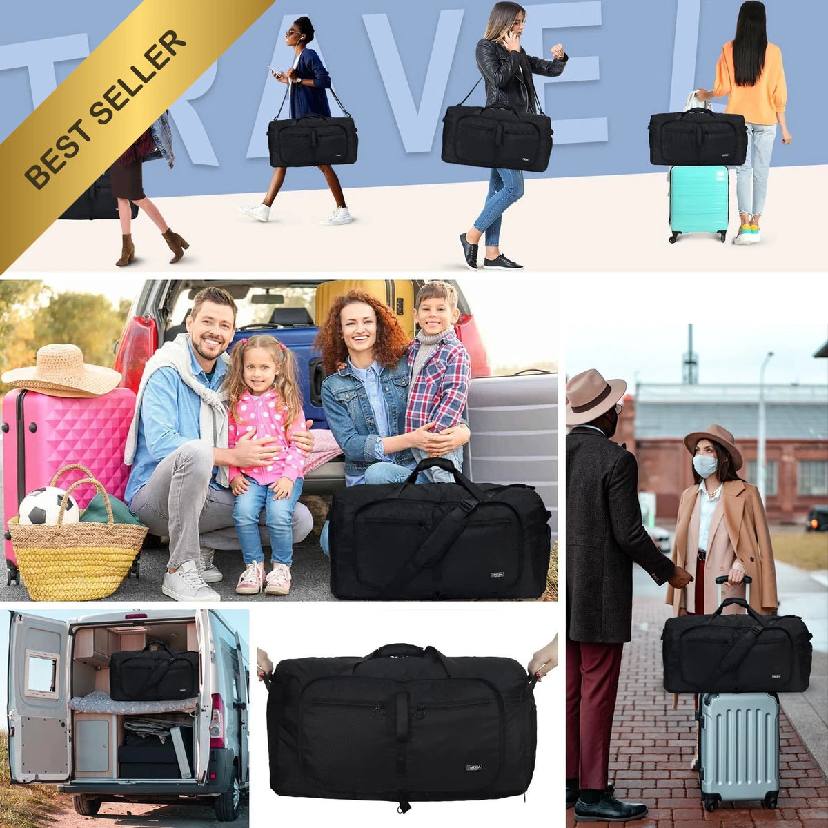 65L Duffle Bag with Shoes Compartment for Travel (Men Women) Black