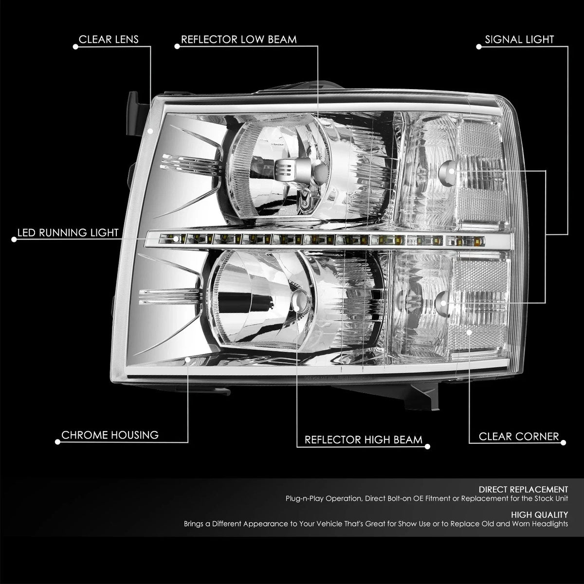 LED DRL Strip for Chevy Silverado (2007–2014) - Chrome Housing Clear Corner
