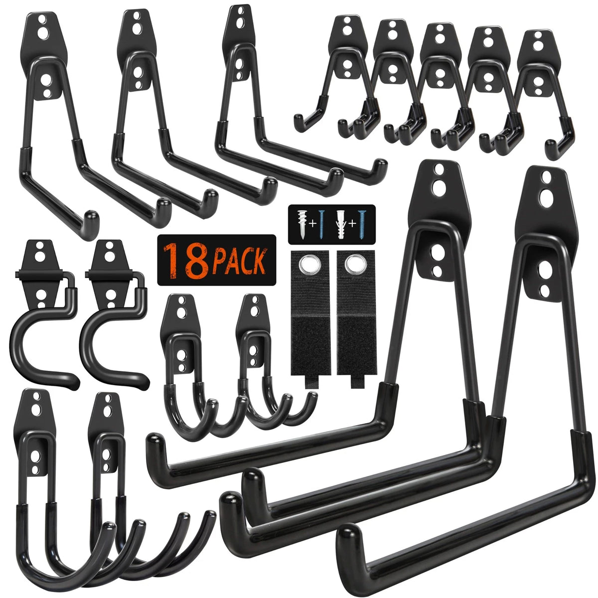 18 Pack Heavy Duty Garage Hooks - Anti-Slip Coating, Black